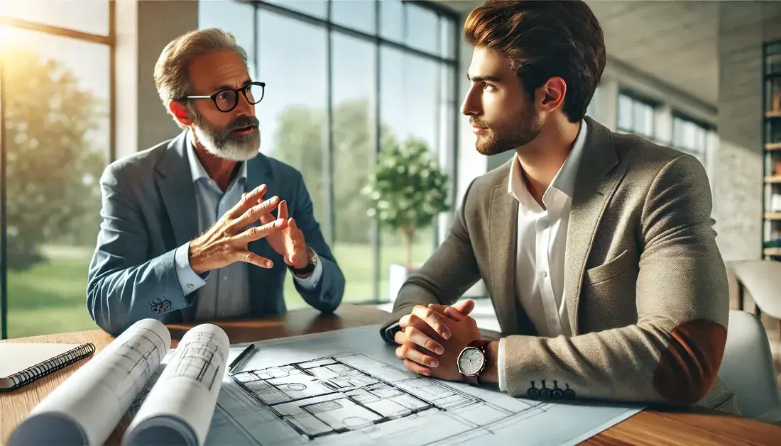 A professional adviser talking with a client in a bright office, plans and documents on the table.