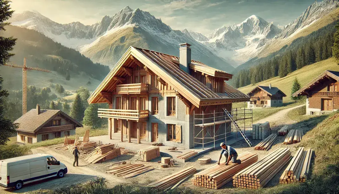 Maison neuve en construction, ossature et toiture en cours dans l’Ain.
