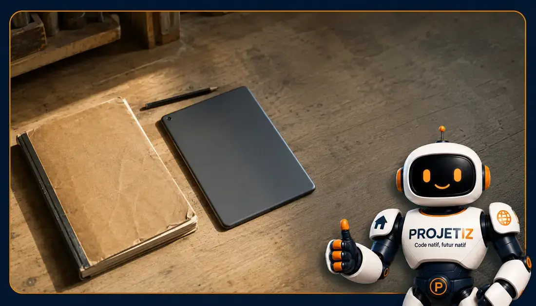 Plan de travail d'artisan avec un carnet de factures papier et une tablette posée à côté