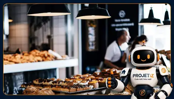 Intérieur d'une boulangerie de quartier, pains et pâtisseries en vitrine sous les suspensions