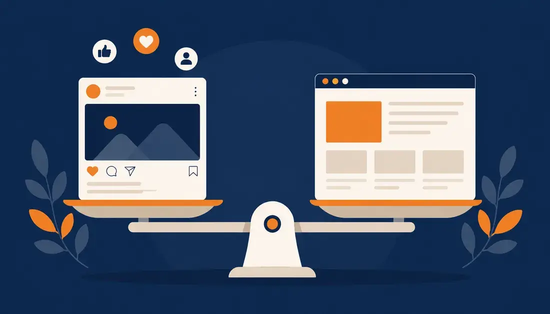 Balance en équilibre entre une publication Facebook et la page d'accueil d'un site web