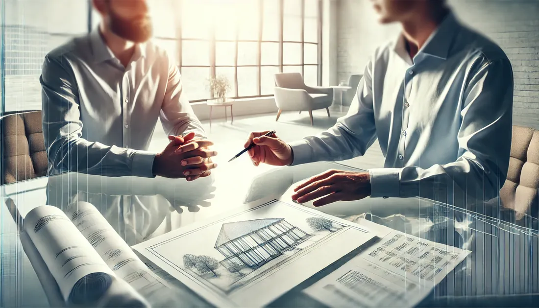 Un conseiller professionnel en chemise discutant avec un client dans un bureau lumineux, avec des plans et devis sans texte disposés sur une table en bois clair, symbolisant la confiance et l'accompagnement.