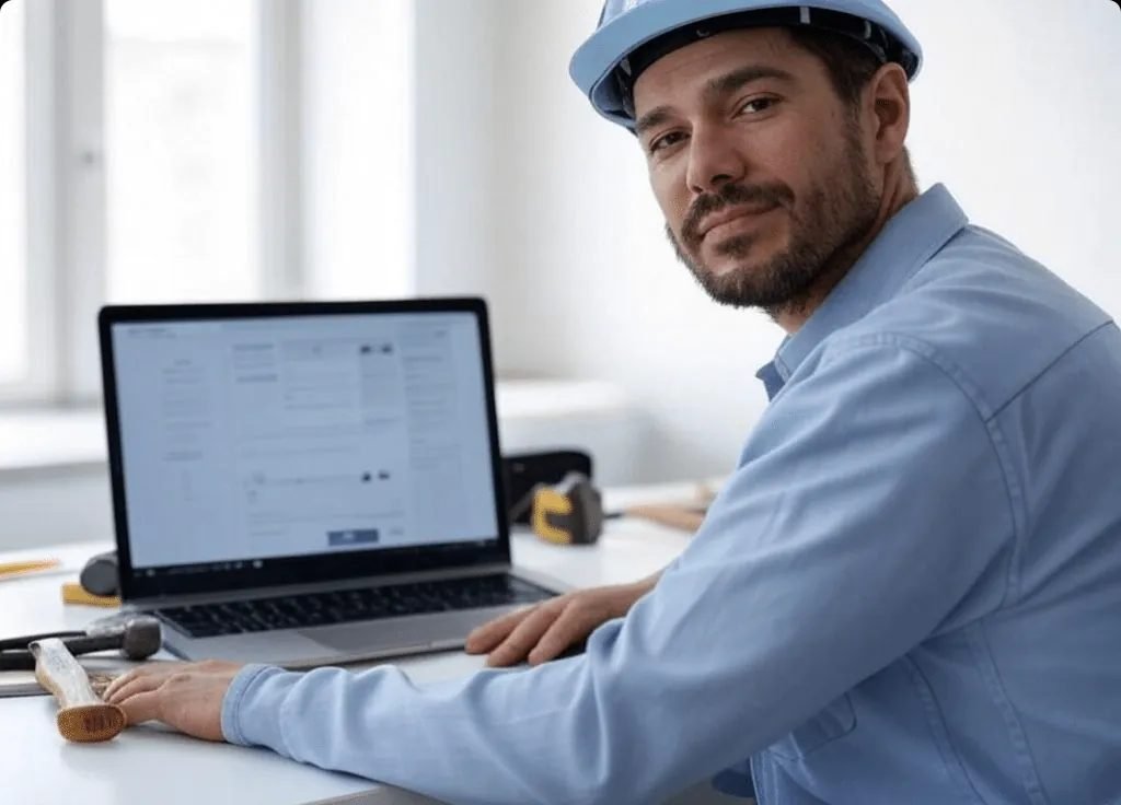Artisan du bâtiment utilisant un ordinateur pour concevoir un site internet professionnel adapté à ses besoins.