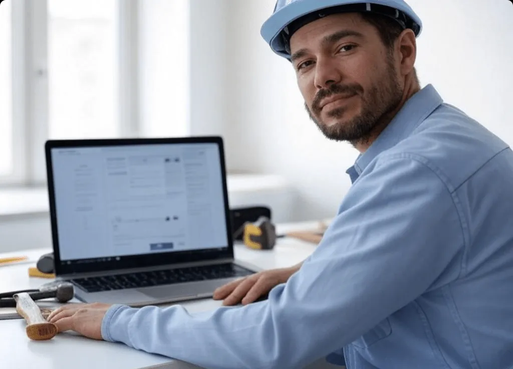 Artisan du bâtiment utilisant un ordinateur pour concevoir un site internet professionnel adapté à ses besoins.