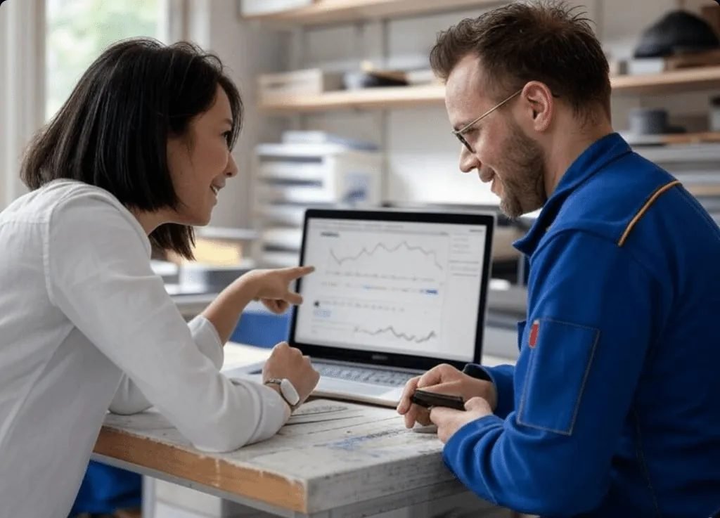 Consultant en réseaux sociaux collaborant avec un artisan pour optimiser sa stratégie numérique.