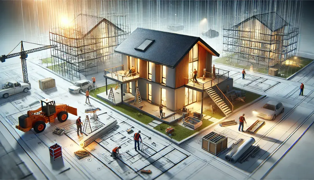 Construction d’une maison moderne avec des ouvriers, reflétant les projets accompagnés par PROJETIZ.