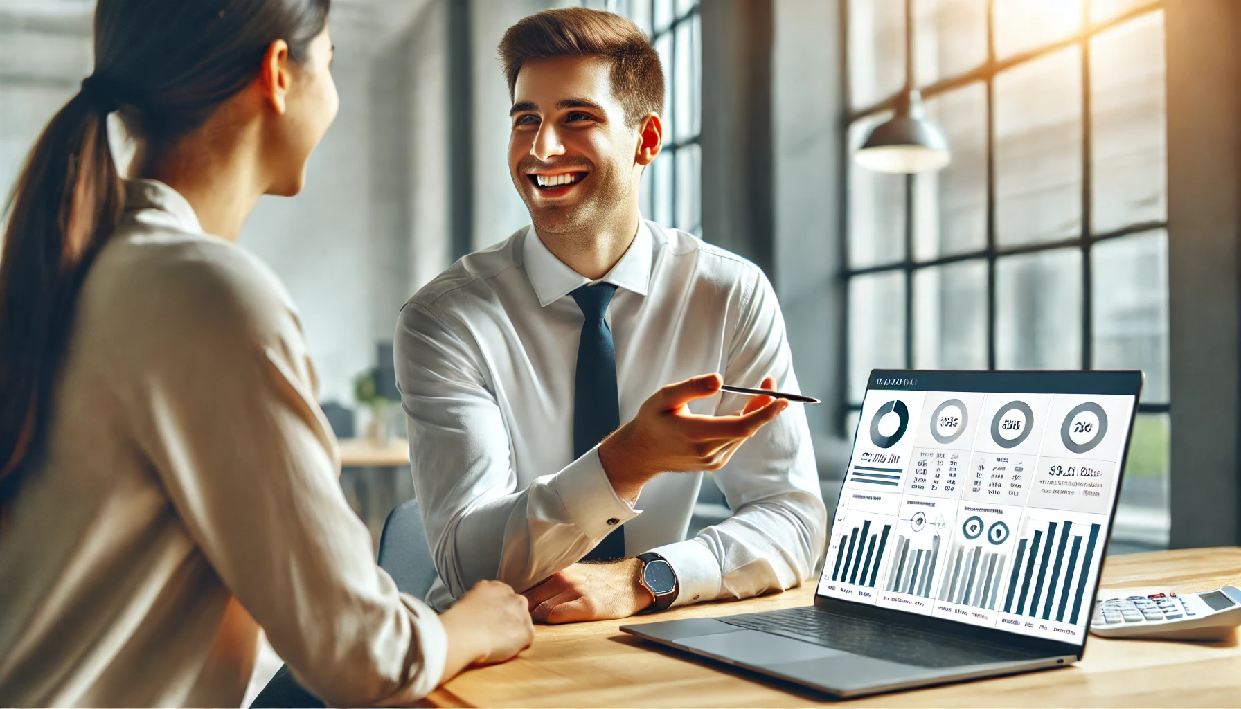 Un conseiller PROJETIZ aidant un client à examiner des documents financiers dans un bureau moderne et lumineux.