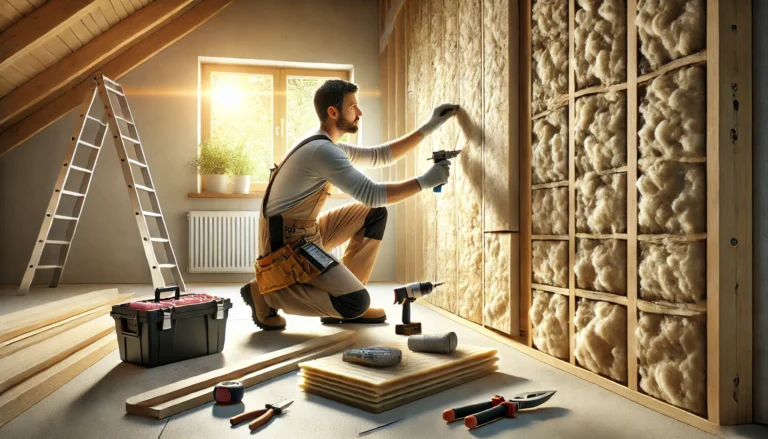 Un artisan installant des panneaux d’isolation pour améliorer l’efficacité énergétique d’une maison.