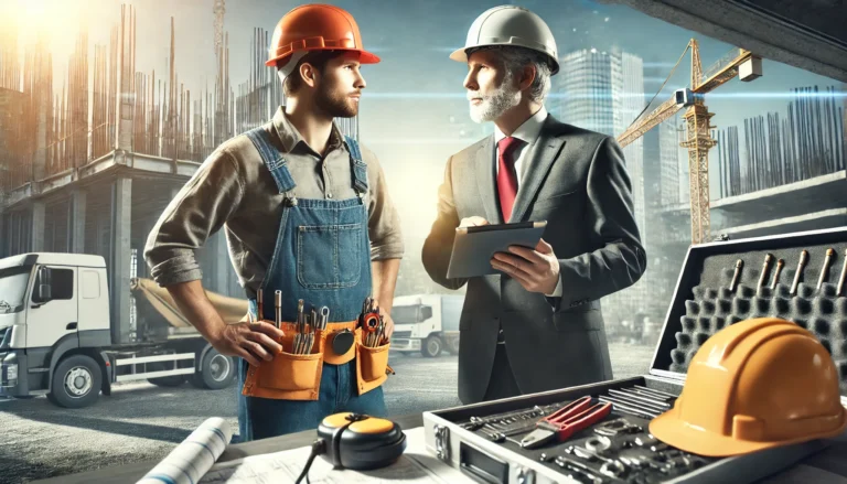 Un artisan et un courtier collaborant pour choisir les bons professionnels pour un projet de travaux.