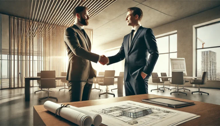 Un client et un courtier se serrant la main, symbolisant un partenariat gagnant grâce à PROJETIZ.
