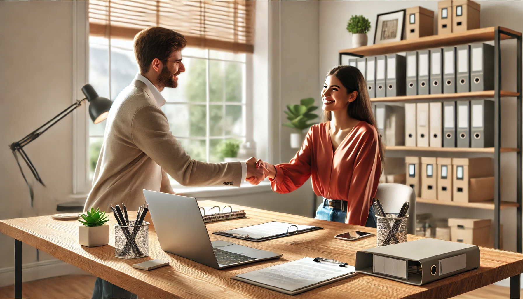 Un client satisfait échange une poignée de main avec un conseiller de PROJETIZ dans un bureau professionnel.