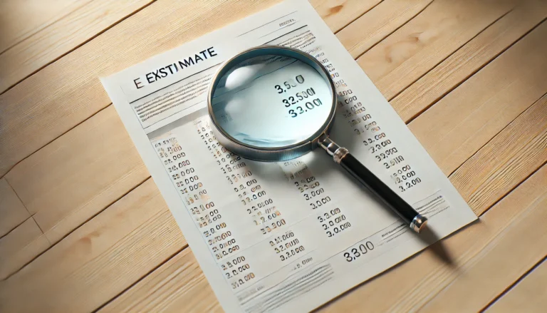 Une loupe examinant un devis clair et détaillé, symbolisant la transparence des coûts chez PROJETIZ.