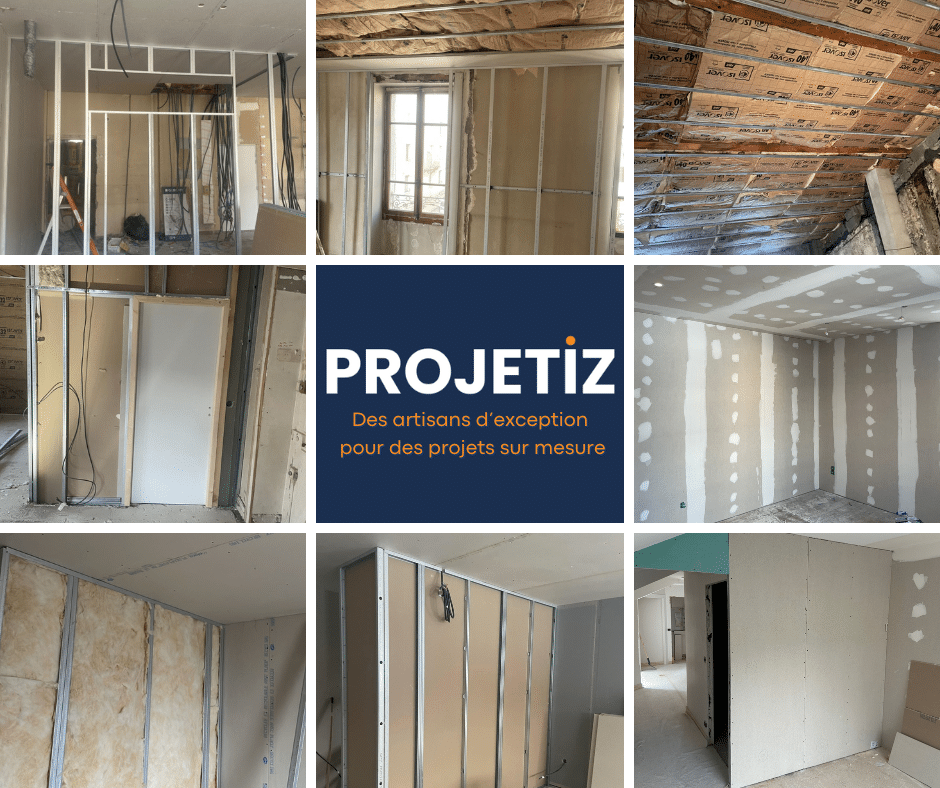 Travaux réalisés par un plaquiste : implantation de ferraillage pour cloisons, pose de menuiseries intérieures, isolation de plafond rampant et doublage système Optima F530.